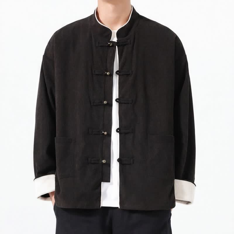 Buddha Stones Fall Winter Casual Tang Style Frog Button Solid Corduroy Men's Jackets With Pocket - Black - US/UK/AU46，EU56 (5XL) - image 10