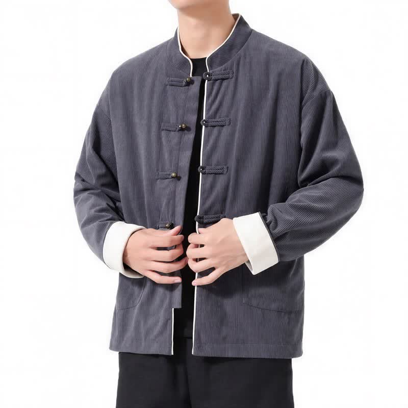 Buddha Stones Fall Winter Casual Tang Style Frog Button Solid Corduroy Men's Jackets With Pocket - image 2