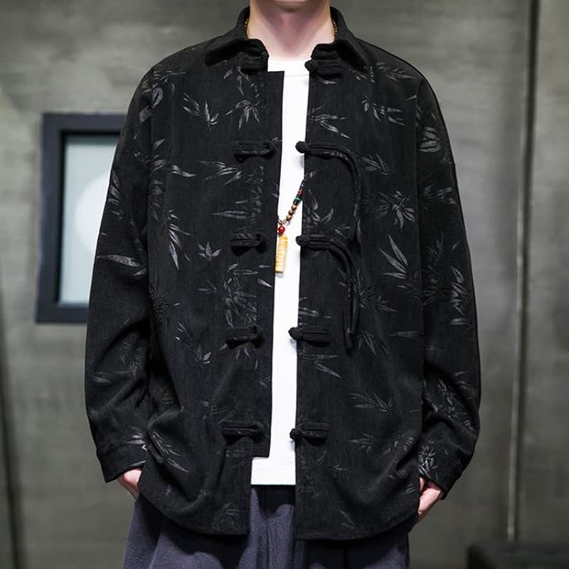 Buddha Stones Fall Winter Casual Tang Style Frog Button Floral Corduroy Men's Long Sleeve Shirts With Pocket - Black - US/UK/AU46，EU56 (5XL) - image 5