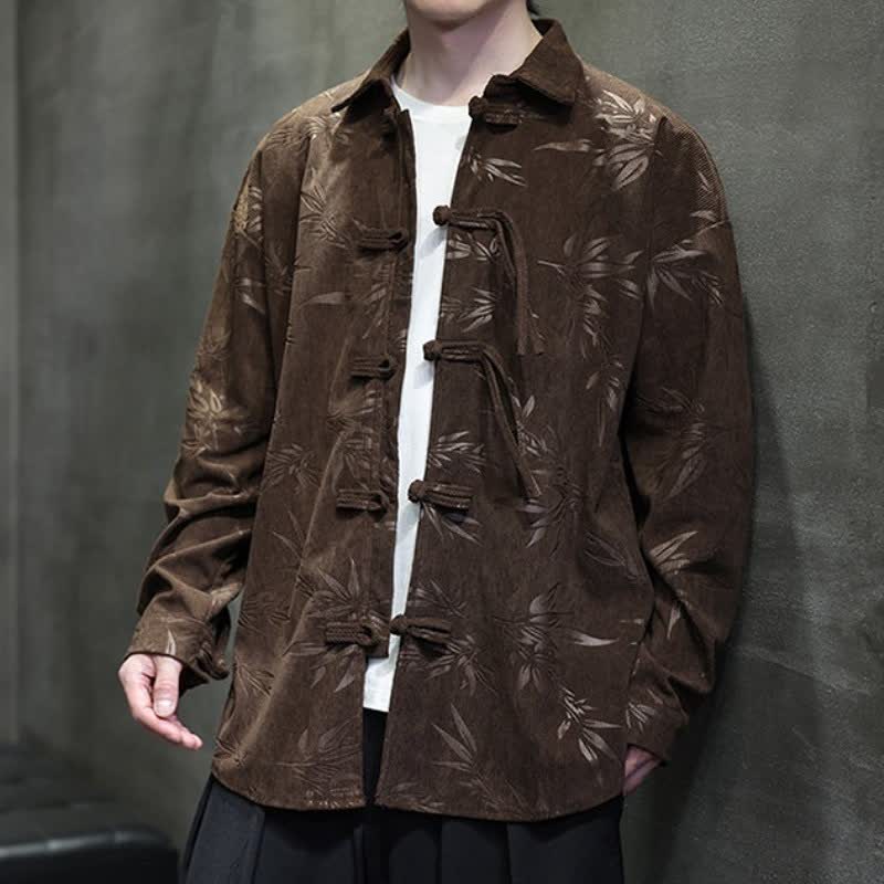 Buddha Stones Fall Winter Casual Tang Style Frog Button Floral Corduroy Men's Long Sleeve Shirts With Pocket - image 23