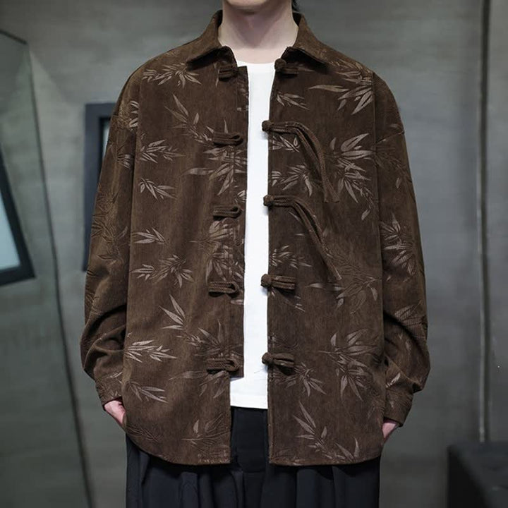 Buddha Stones Fall Winter Casual Tang Style Frog Button Floral Corduroy Men's Long Sleeve Shirts With Pocket - SaddleBrown - US/UK/AU46，EU56 (5XL) - image 18