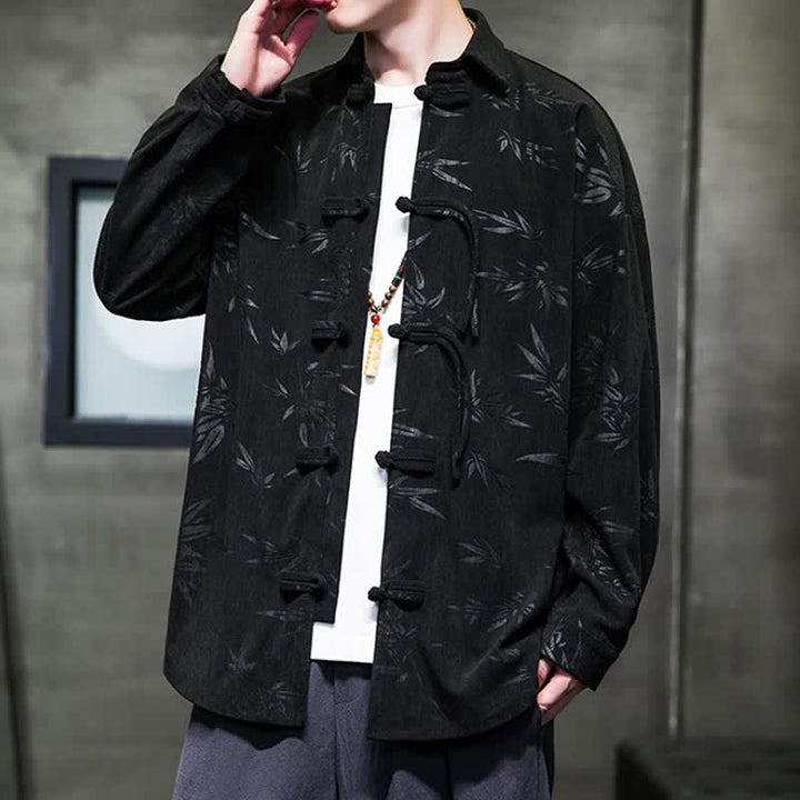 Buddha Stones Fall Winter Casual Tang Style Frog Button Floral Corduroy Men's Long Sleeve Shirts With Pocket - image 6