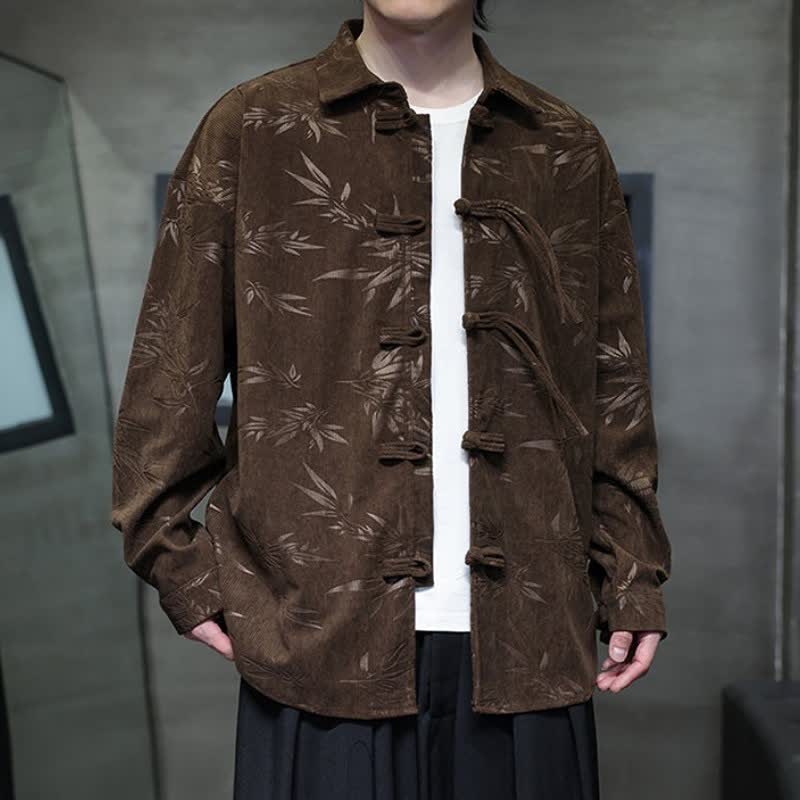 Buddha Stones Fall Winter Casual Tang Style Frog Button Floral Corduroy Men's Long Sleeve Shirts With Pocket - image 19
