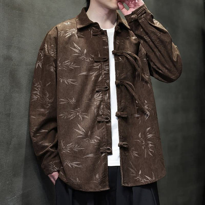 Buddha Stones Fall Winter Casual Tang Style Frog Button Floral Corduroy Men's Long Sleeve Shirts With Pocket - image 22