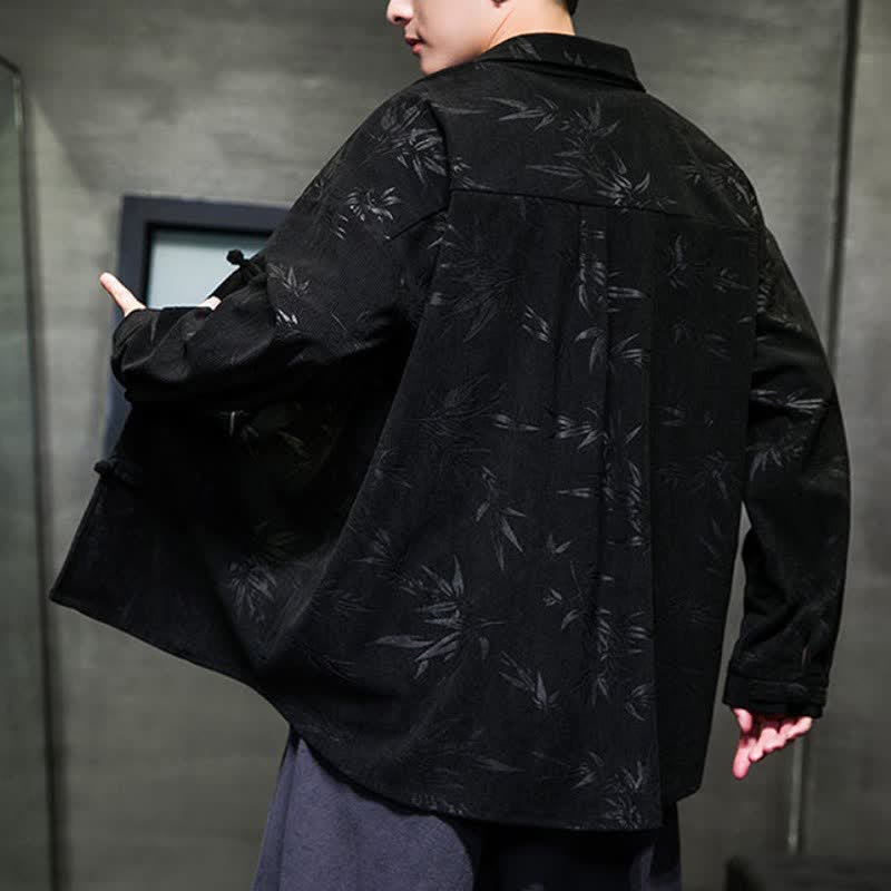 Buddha Stones Fall Winter Casual Tang Style Frog Button Floral Corduroy Men's Long Sleeve Shirts With Pocket - image 7