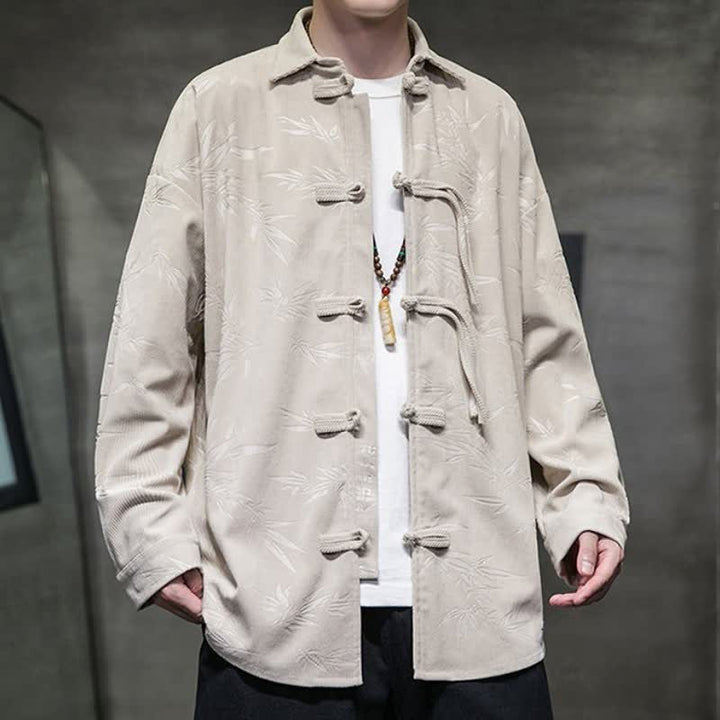 Buddha Stones Fall Winter Casual Tang Style Frog Button Floral Corduroy Men's Long Sleeve Shirts With Pocket - image 13