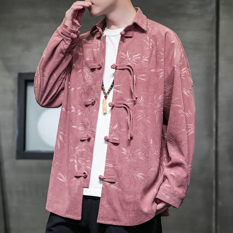 Buddha Stones Fall Winter Casual Tang Style Frog Button Floral Corduroy Men's Long Sleeve Shirts With Pocket - image 16