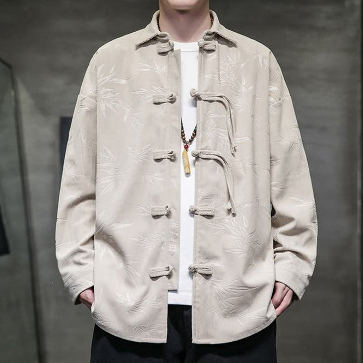 Buddha Stones Fall Winter Casual Tang Style Frog Button Floral Corduroy Men's Long Sleeve Shirts With Pocket - Beige - US/UK/AU46，EU56 (5XL) - image 10