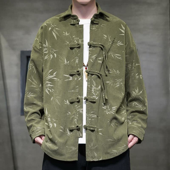 Buddha Stones Fall Winter Casual Tang Style Frog Button Floral Corduroy Men's Long Sleeve Shirts With Pocket - DarkOliveGreen - US/UK/AU46，EU56 (5XL) - image 0