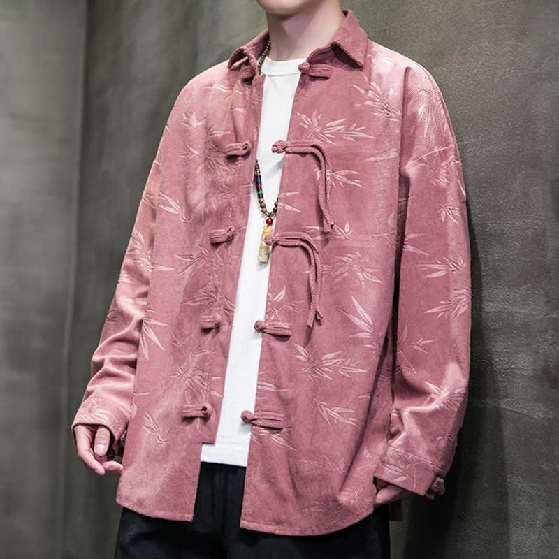 Buddha Stones Fall Winter Casual Tang Style Frog Button Floral Corduroy Men's Long Sleeve Shirts With Pocket - image 17