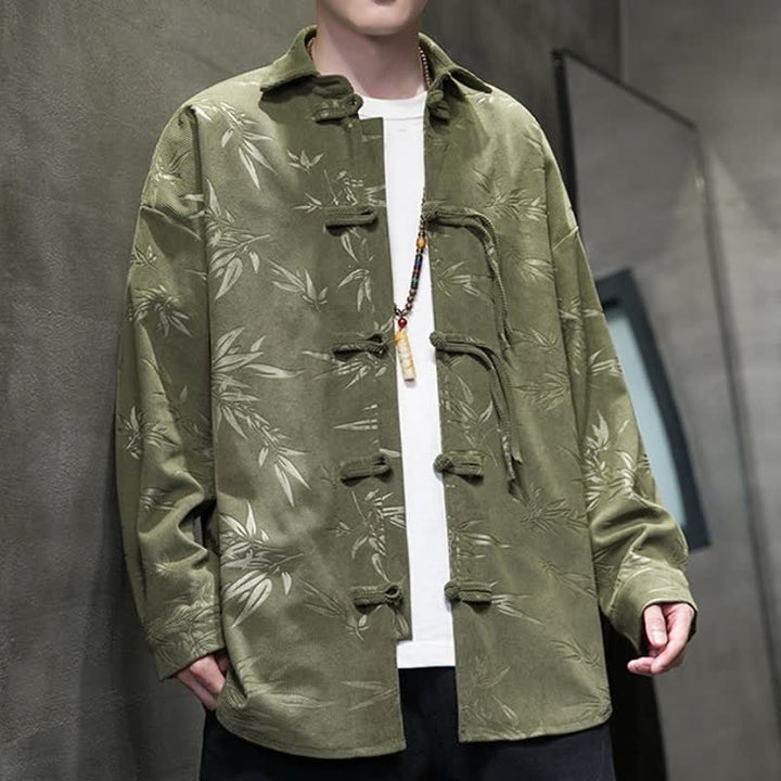 Buddha Stones Fall Winter Casual Tang Style Frog Button Floral Corduroy Men's Long Sleeve Shirts With Pocket - image 3