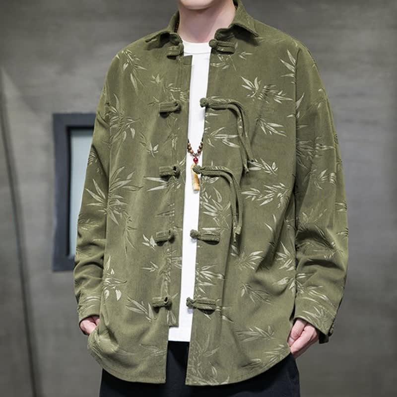 Buddha Stones Fall Winter Casual Tang Style Frog Button Floral Corduroy Men's Long Sleeve Shirts With Pocket - image 4