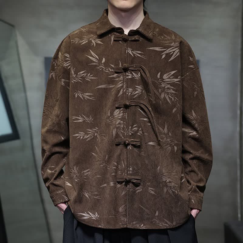 Buddha Stones Fall Winter Casual Tang Style Frog Button Floral Corduroy Men's Long Sleeve Shirts With Pocket - image 21
