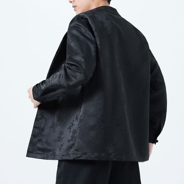 Buddha Stones Fall Winter Tang Style Elegant Mandarin Collar Floral Men's Long Sleeve Shirts With Pocket - image 3
