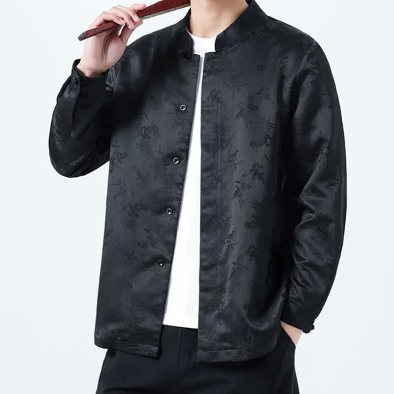 Buddha Stones Fall Winter Tang Style Elegant Mandarin Collar Floral Men's Long Sleeve Shirts With Pocket - image 1