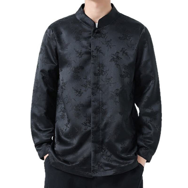 Buddha Stones Fall Winter Tang Style Elegant Mandarin Collar Floral Men's Long Sleeve Shirts With Pocket - image 2
