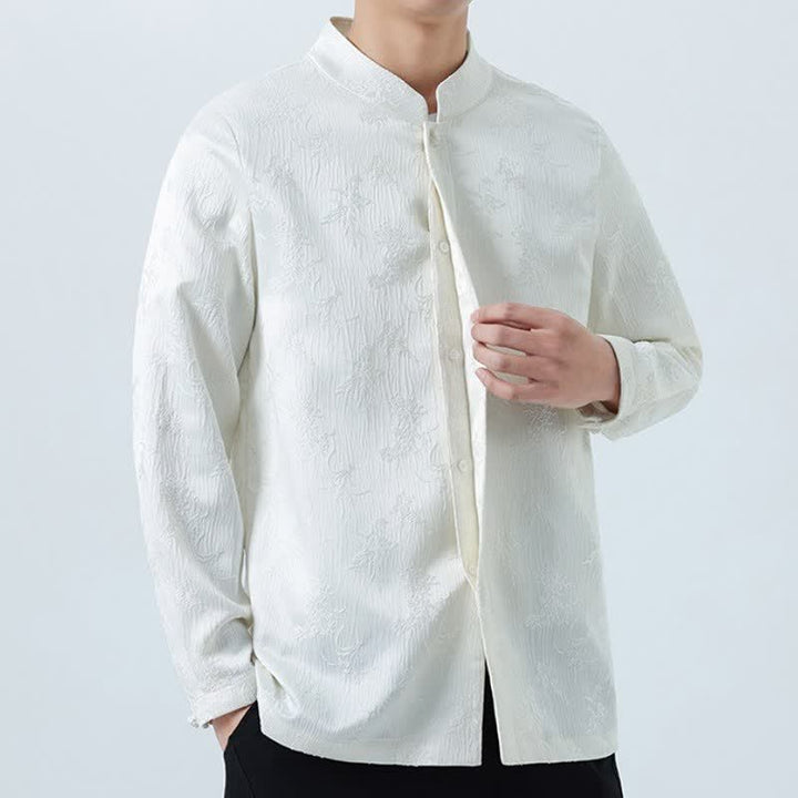 Buddha Stones Fall Winter Tang Style Elegant Mandarin Collar Floral Men's Long Sleeve Shirts With Pocket - image 11