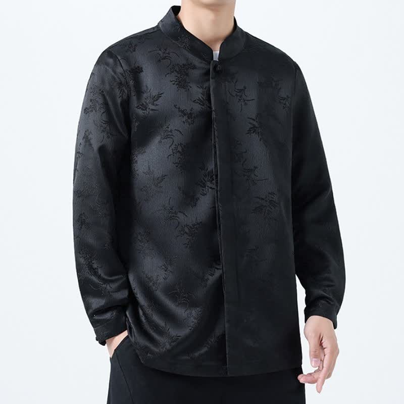 Buddha Stones Fall Winter Tang Style Elegant Mandarin Collar Floral Men's Long Sleeve Shirts With Pocket - image 4