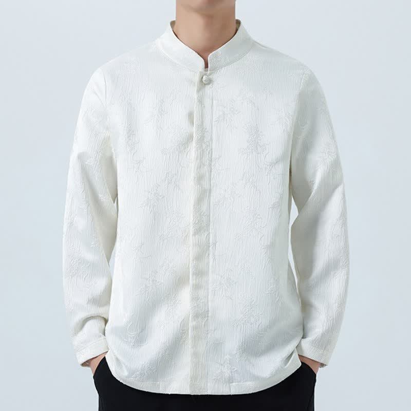 Buddha Stones Fall Winter Tang Style Elegant Mandarin Collar Floral Men's Long Sleeve Shirts With Pocket - WhiteSmoke - US/UK/AU46，EU56 (5XL) - image 9