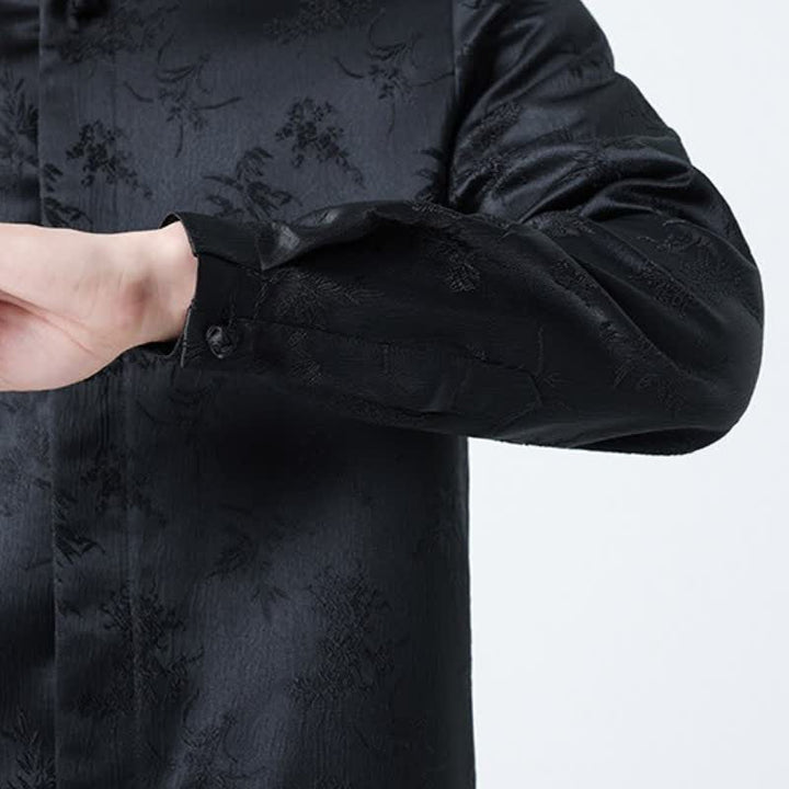 Buddha Stones Fall Winter Tang Style Elegant Mandarin Collar Floral Men's Long Sleeve Shirts With Pocket - image 7
