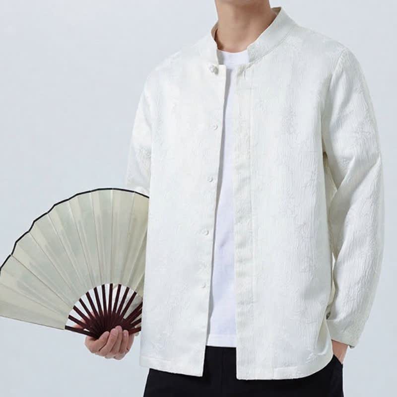 Buddha Stones Fall Winter Tang Style Elegant Mandarin Collar Floral Men's Long Sleeve Shirts With Pocket - image 12