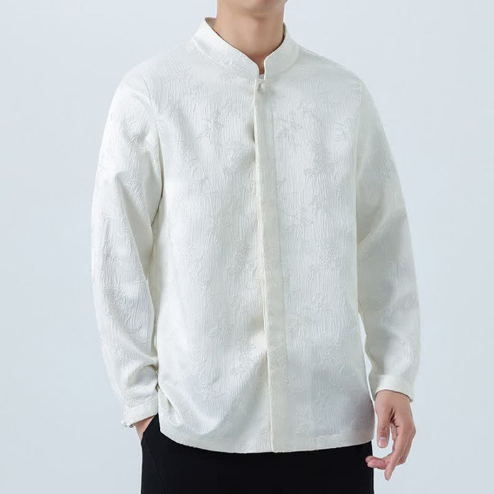 Buddha Stones Fall Winter Tang Style Elegant Mandarin Collar Floral Men's Long Sleeve Shirts With Pocket - image 13
