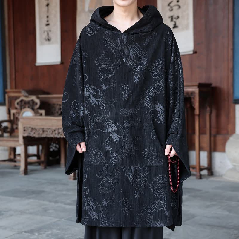 Buddha Stones Fall Winter Vintage Tang Style Corduroy Men's Long Sleeve Hoodies - Black - US/UK/AU50，EU60 (5XL) - image 0