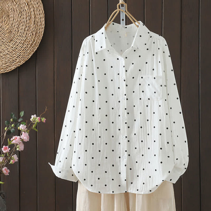 Buddha Stones Spring Fall Casual Button-Up Floral Women's Long Sleeve Shirts With Pocket - Polka Dots - US12, UK/AU16, EU44 (3XL) - image 14