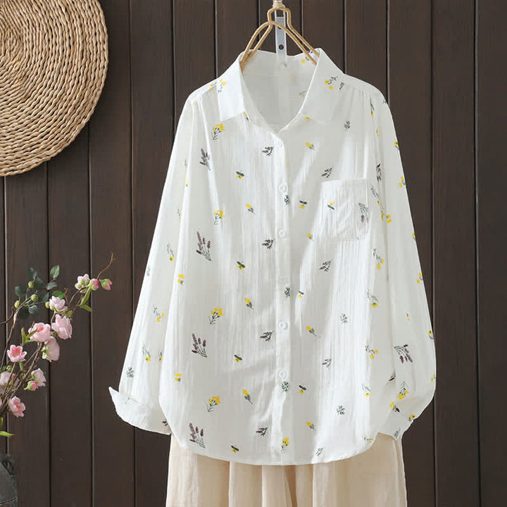 Buddha Stones Spring Fall Casual Button-Up Floral Women's Long Sleeve Shirts With Pocket - Yellow Flowers - US12, UK/AU16, EU44 (3XL) - image 0