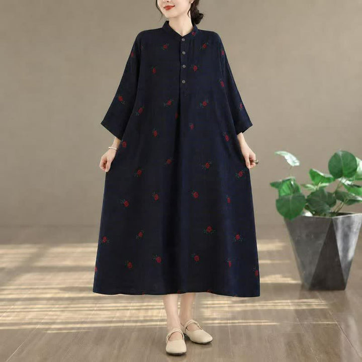 Buddha Stones Spring Fall Tang Style Vintage Mandarin Collar Floral Women's Long Sleeve Dresses With Pockets - image 2