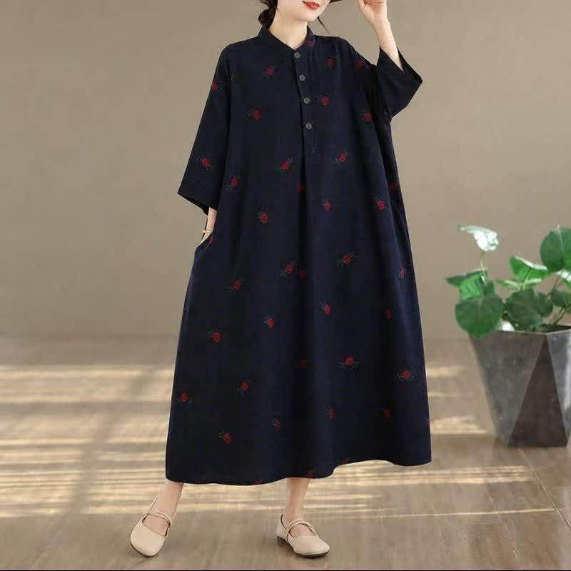 Buddha Stones Spring Fall Tang Style Vintage Mandarin Collar Floral Women's Long Sleeve Dresses With Pockets - image 3