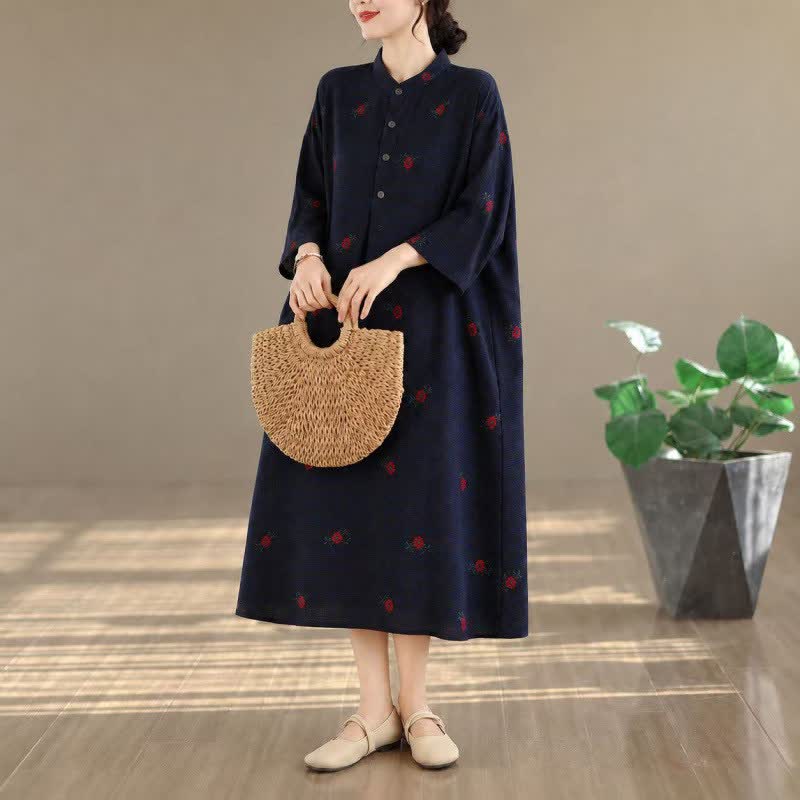 Buddha Stones Spring Fall Tang Style Vintage Mandarin Collar Floral Women's Long Sleeve Dresses With Pockets - image 1