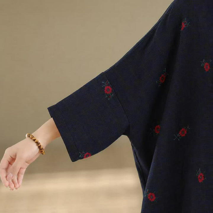 Buddha Stones Spring Fall Tang Style Vintage Mandarin Collar Floral Women's Long Sleeve Dresses With Pockets - image 6