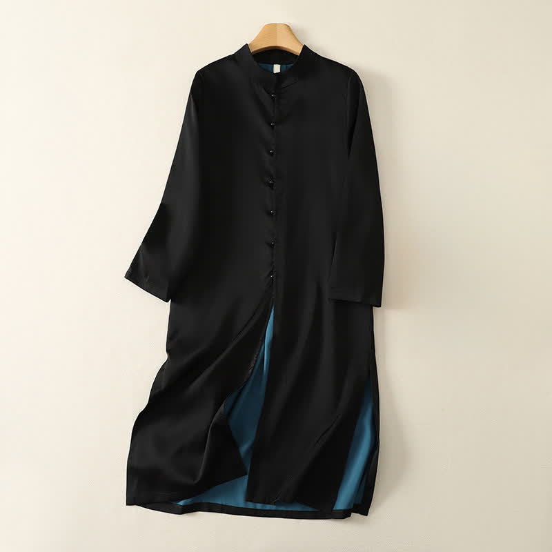 Buddha Stones Spring Fall Tang Style Elegant Mandarin Collar Side Slit Solid Women's Long Sleeve Dresses - Black - US12, UK/AU16, EU44 (2XL) - image 0