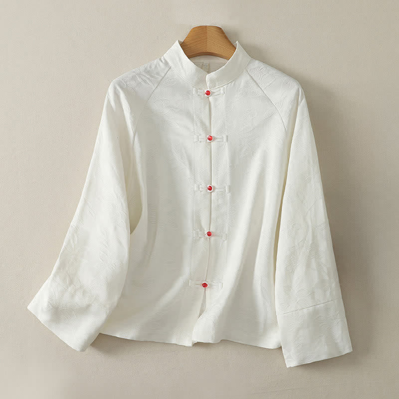 Buddha Stones Spring Fall Tang Style Vintage Frog Button Solid Women's Long Sleeve Shirts - Ivory - US14, UK/AU18, EU46 (2XL) - image 0