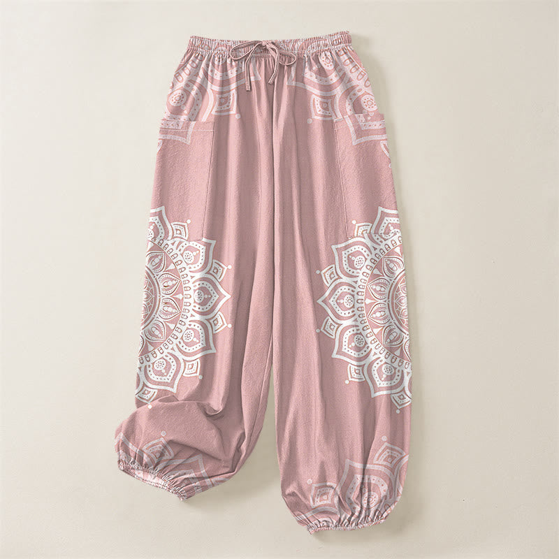 Buddha Stones Cotton Boho White Mandala Pattern Women's Elastic Waist Harem Pants With Side Pockets - image 6
