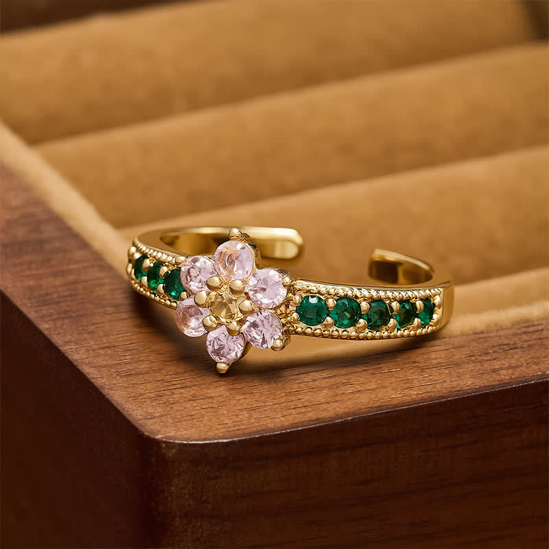 Buddha Stones Copper Lotus Enlightenment Inlaid Floral Open Ring - image 1