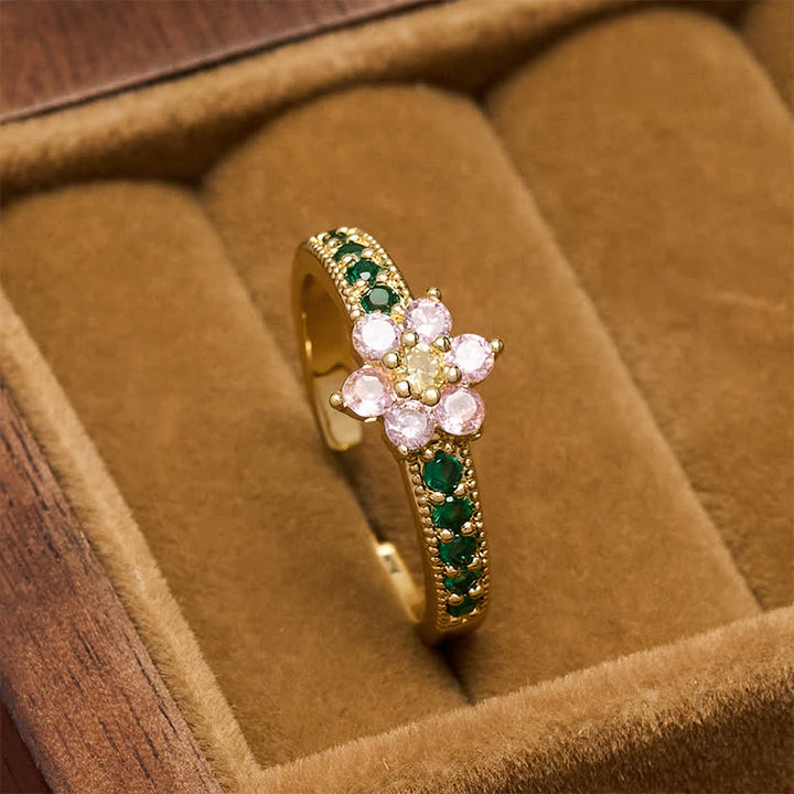 Buddha Stones Copper Lotus Enlightenment Inlaid Floral Open Ring - 17mm-US7 - image 0