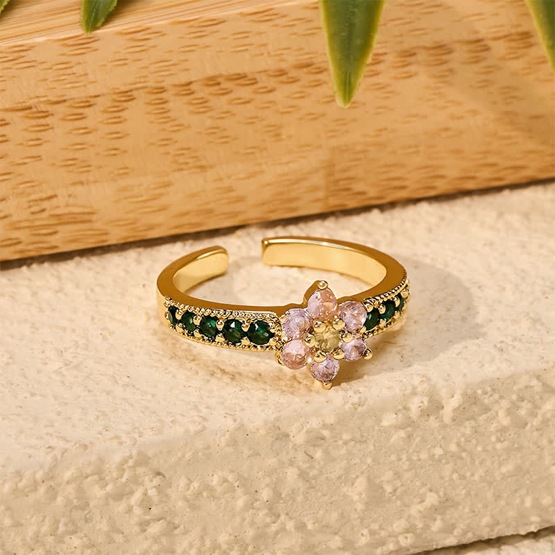 Buddha Stones Copper Lotus Enlightenment Inlaid Floral Open Ring - image 3