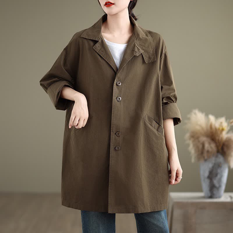 Buddha Stones Spring Fall Casual Minimalist Button-Up Lapel Collar Solid Women's Jacket With Pockets - image 1