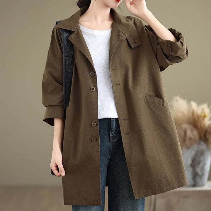 Buddha Stones Spring Fall Casual Minimalist Button-Up Lapel Collar Solid Women's Jacket With Pockets - Olive - US12, UK/AU16, EU44 (XL) - image 0
