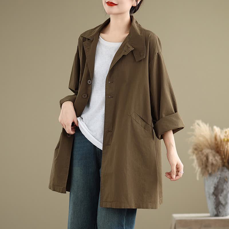 Buddha Stones Spring Fall Casual Minimalist Button-Up Lapel Collar Solid Women's Jacket With Pockets - image 3