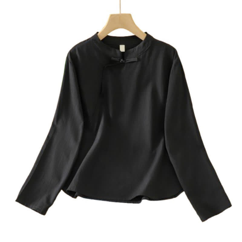 Buddha Stones Fall Casual Vintage Black Tang Style Frog Button Solid Women's Long Sleeve Shirts - image 9