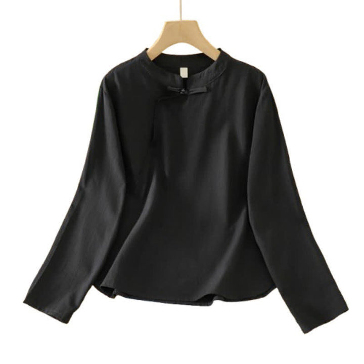 Buddha Stones Fall Casual Vintage Black Tang Style Frog Button Solid Women's Long Sleeve Shirts - image 9