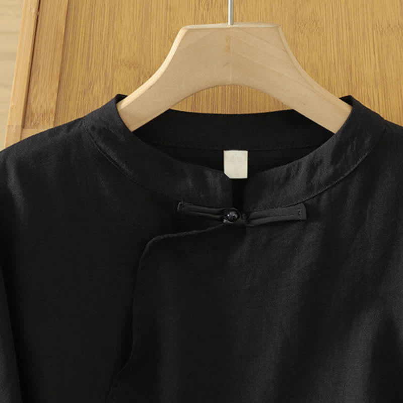 Buddha Stones Fall Casual Vintage Black Tang Style Frog Button Solid Women's Long Sleeve Shirts - image 3