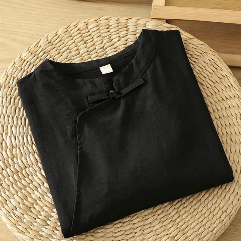 Buddha Stones Fall Casual Vintage Black Tang Style Frog Button Solid Women's Long Sleeve Shirts - image 2