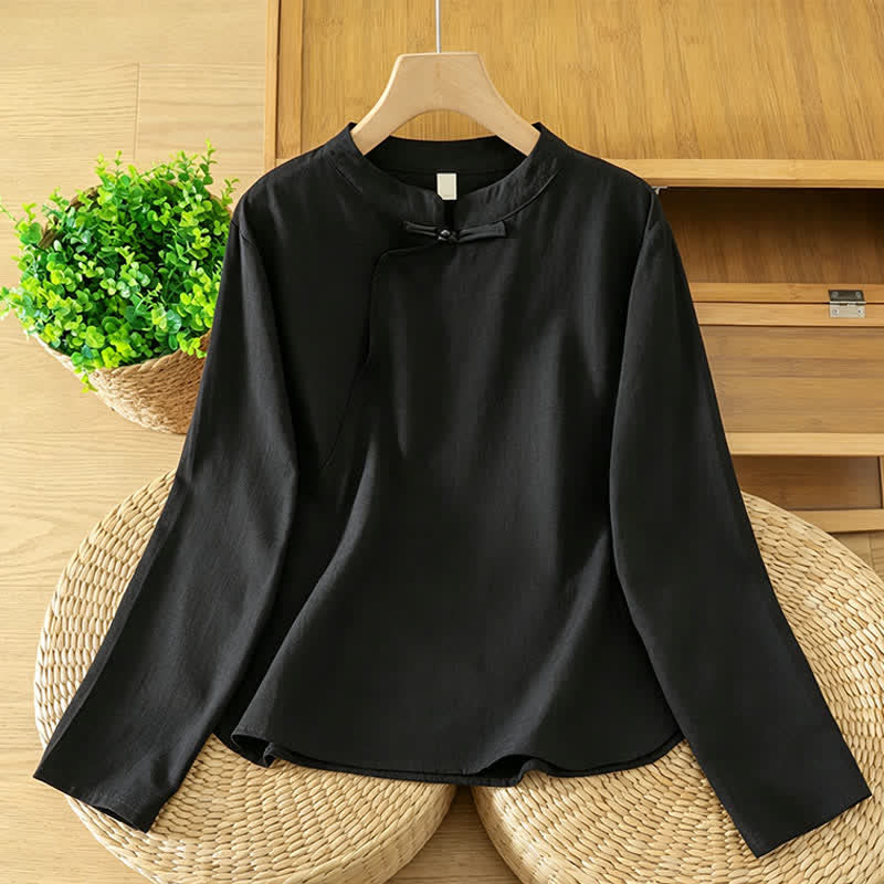 Buddha Stones Fall Casual Vintage Black Tang Style Frog Button Solid Women's Long Sleeve Shirts - Black - US12, UK/AU16, EU44 (3XL) - image 0
