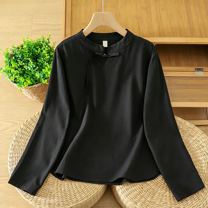 Buddha Stones Fall Casual Vintage Black Tang Style Frog Button Solid Women's Long Sleeve Shirts - Black - US12, UK/AU16, EU44 (3XL) - image 0