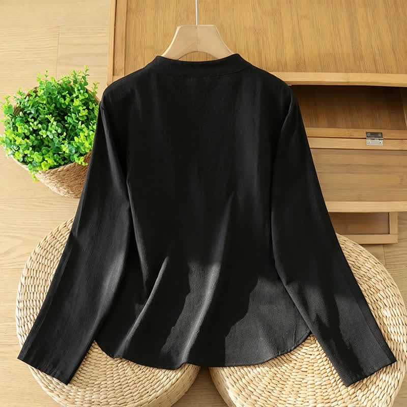 Buddha Stones Fall Casual Vintage Black Tang Style Frog Button Solid Women's Long Sleeve Shirts - image 1