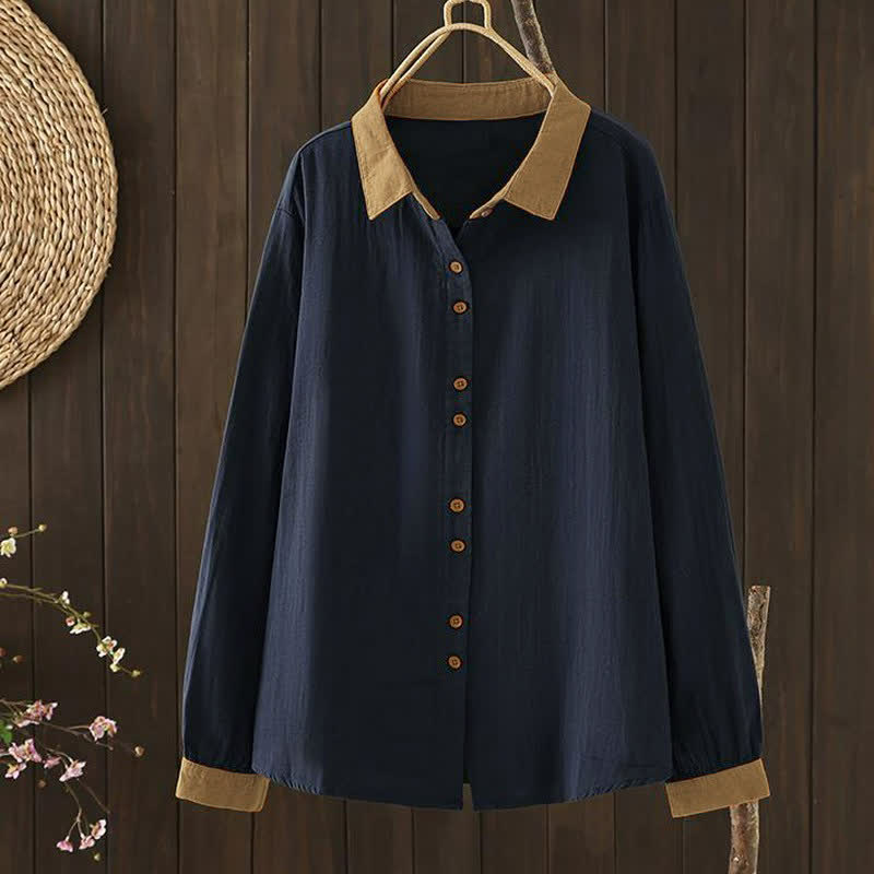 Buddha Stones Spring Casual Vintage Button-Up Contrast Collar Women's Long Sleeve Shirts - image 1